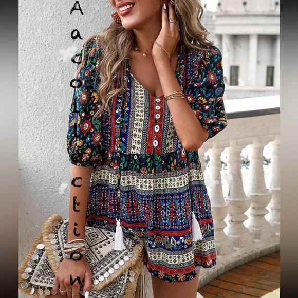 Boho Floral Print Top Blouse Shirt - Picture 4 of 4